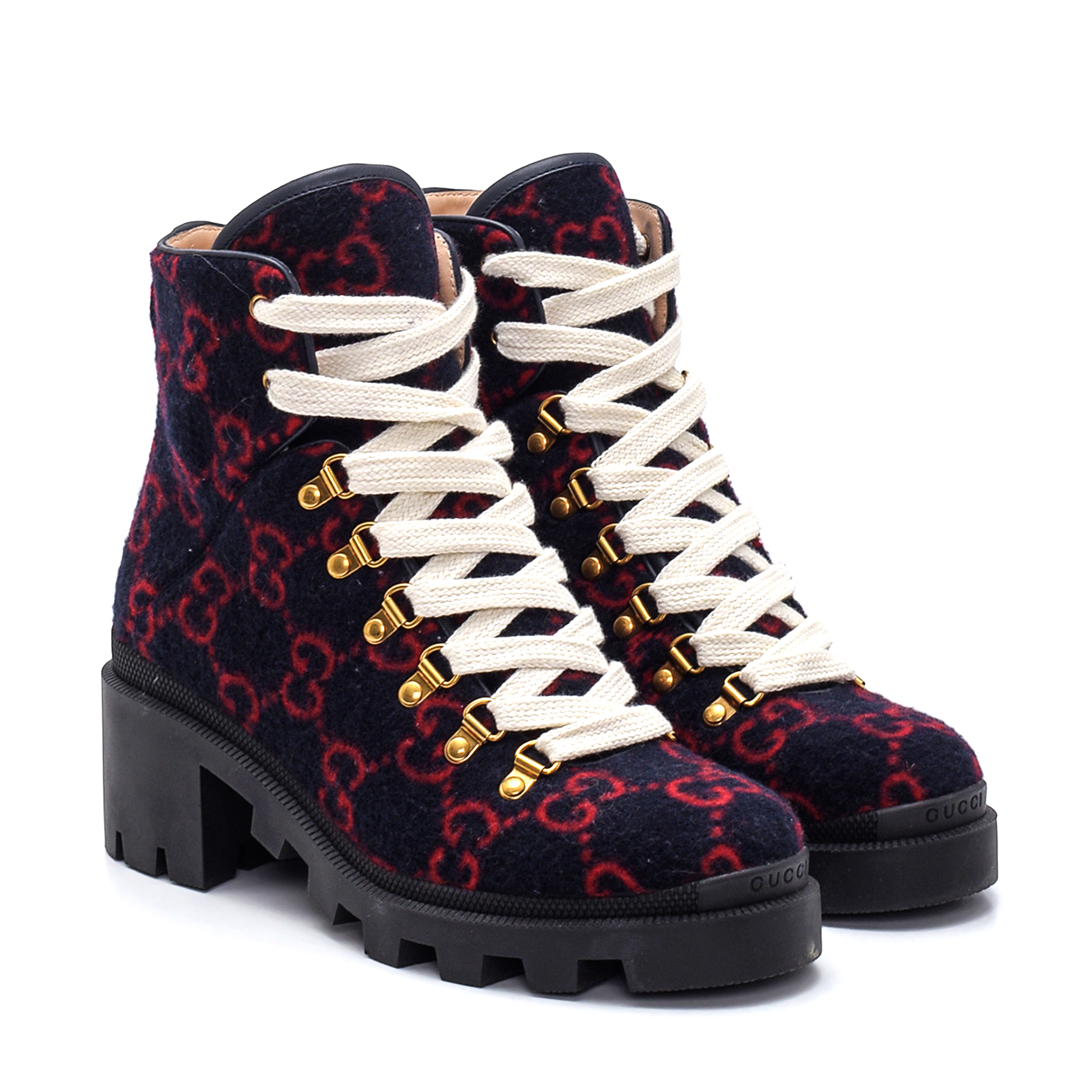 Gucci - Navy & Red GG Supreme Wool Lace Up Ankle Boots/39